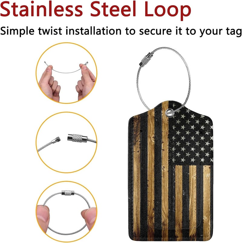 GACCAP 2 Pack Luggage Tags for Suitcase, Privacy Cover ID Label with Stainless Steel and Address Card for Travel Bag Backpack Cruise Ship Essentials Tag Women Men - Wood American Flag - Image 2